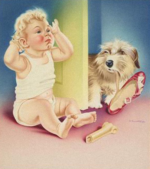 Bernard Roundhill Painting of a Baby Dog & Slipper for magazine cover 1950 EDIT