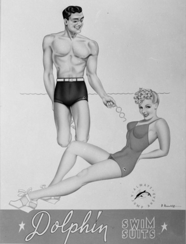 Dolphin swimsuits illustration by Bernard Roundhill for Whites Aviation Ltd Ref WA-03719-F Alexander Turnbull Library EDIT