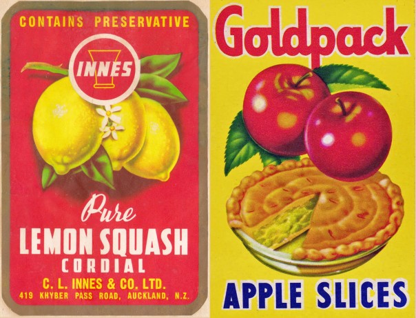 Goldpack Apple Slices copy on the shelves in 1960 - Innes  Lemon Squash Cordial label mid 1950s copy