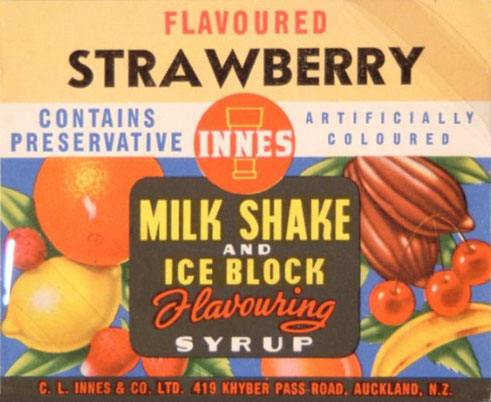 INNES - C L INNES & CO LTD  Strawberry Milk Shake & Ice Block Flavouring Syrup  1950S or 1960s Te Papa prob Bernard Roundhill EDIT