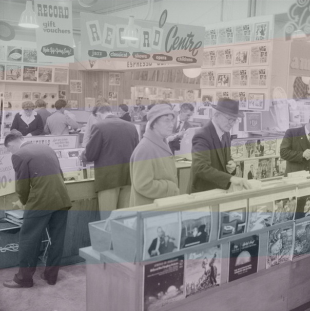 13b Shoppers looking at records, James Smith Ltd, Manners Street, Wellington copy