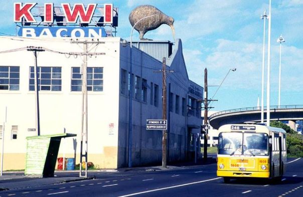 15 - 51 L 36 S The Kiwi Bacon factory and classic Auckland yellow bus, photographed in the 1980s