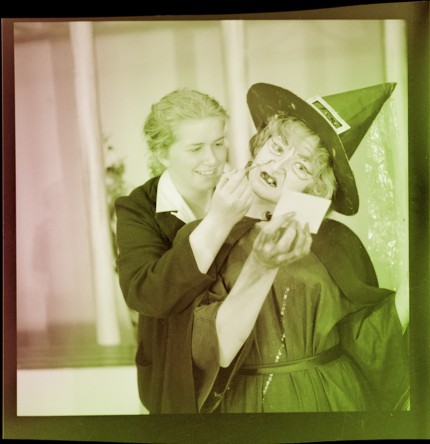 Girl from Waiwhetu Girls College Lower Hutt painting prop (witch's face) for play Ref EP fs 1959 fs 3810-1-F Alexander Turnbull Library redgreen copy