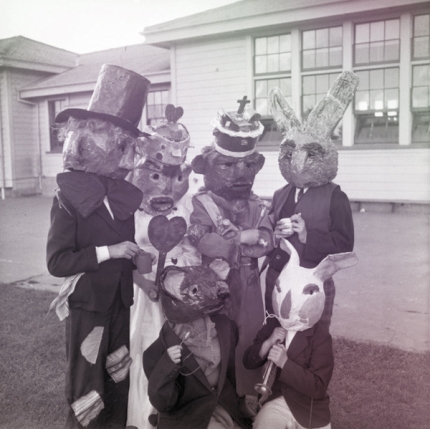 Wilford School pupils in costumes for a play  Ref EP fs 1957 fs 4894-F Alexander Turnbull Library edit copy
