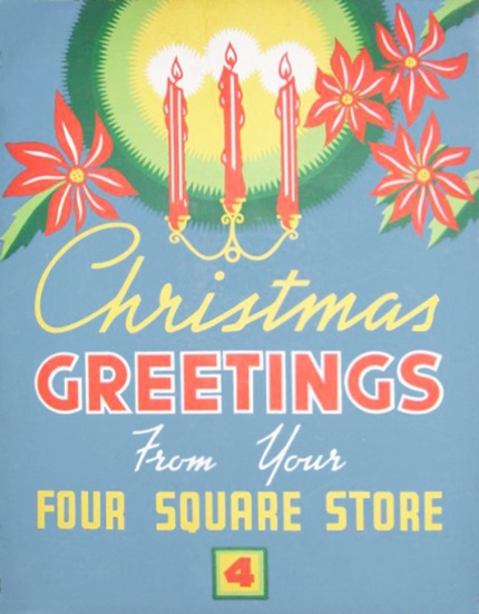Four Square POS Sign  CHRISTMAS GREETINGS made for the  4 Square Four Square stores 1940S-1950s edit copy copy
